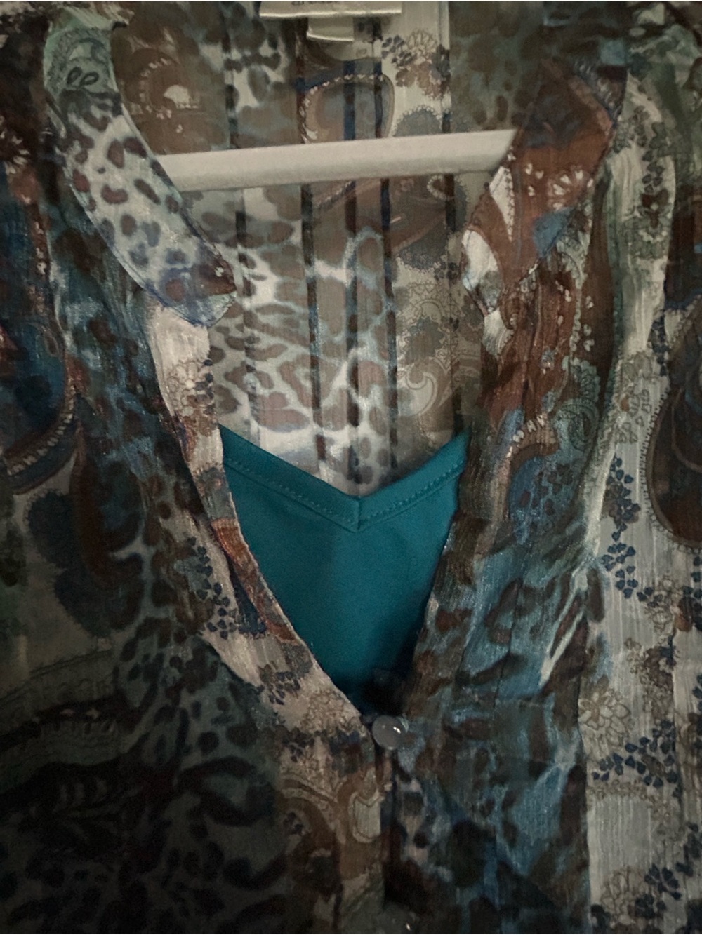Dressbarn Sheer Paisley-Print Tunic Blouse in Teal and Brown - Picture 8 of 9